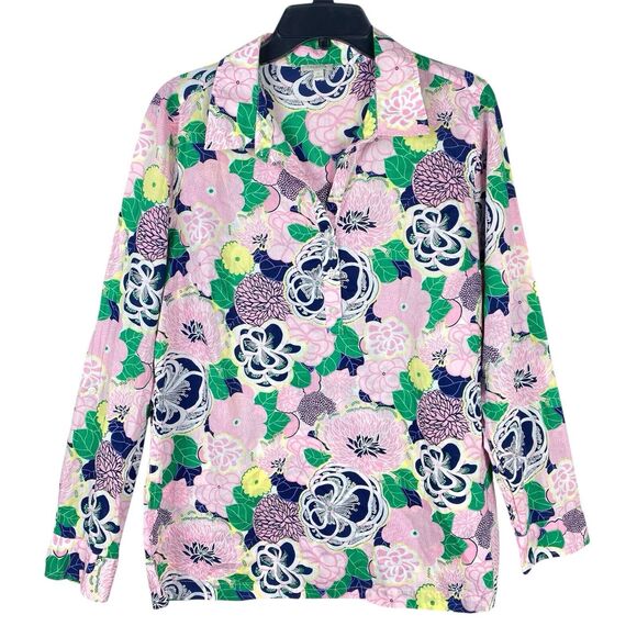 ⭐️ Talbots Floral Top Sz M Spring Lilly Pink Top Cotton Long Sleeve Button Up - Picture 1 of 8